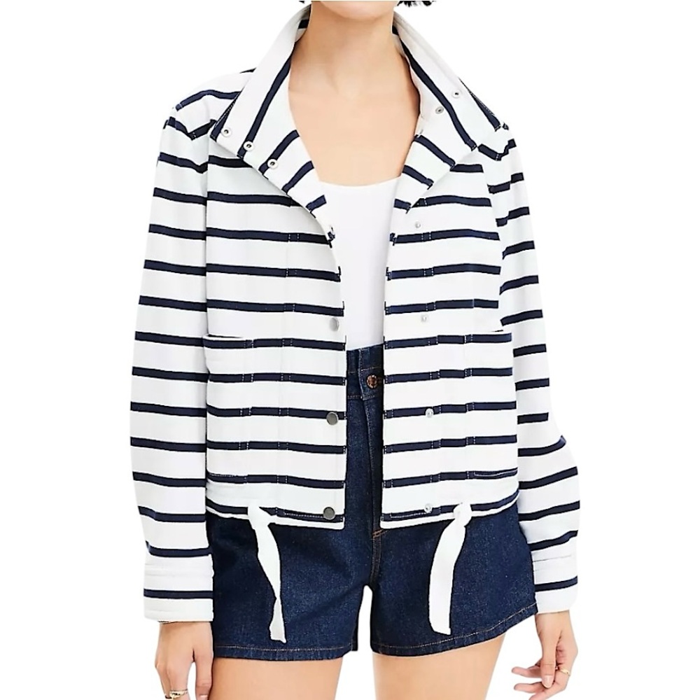 NWT Loft Striped Terry Patch Pocket‎ Jacket White Blue Women’s Size Large Petite